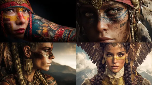 正面朝向，印加土著女性战士兼医药 healers，南美特征，强大气场，编发搭配印加饰品，秃鹰羽毛，金色印加珠宝，仪式性面部彩绘，具有神话能量的写实肖像，发光暖光，电影写实风格，受印加文化启发的复杂纺织图案，她身后有山脉和雾气，纹身墨水的大胆色彩和谐，半袖纹身的详细构图，超清晰，高清晰度，戏剧性阴影，有机流动，艺术优雅，杰作插画