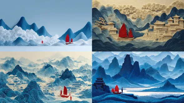 极简主义纸张雕塑风格的浩瀚大海，带有蓝白相间的波浪，具有中式建筑风格的山峦与建筑，一艘古船在其中一座山前航行，旁边站着一个小人物，还有红色的帆，风格仿照唐耀鸿