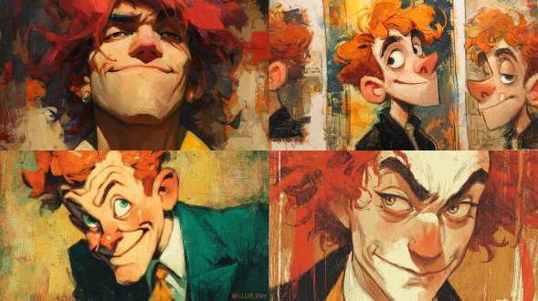 "马尔科姆利普风格的艺术作品，卷曲红发的人物，满足表情和狡黠微笑，复古色调，高对比度，抽象笔触，暖色背景，特写镜头，戏剧性光影，油画质感，粗犷线条，生动色彩，神秘氛围，怀旧感，夸张比例，强烈情感"