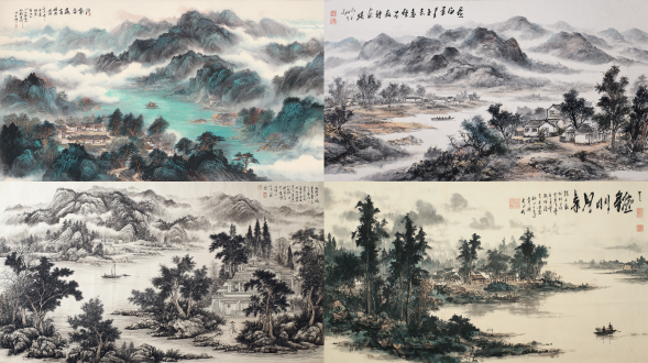 一幅具有张大千风格的中国山水画，以深灰色墨水展现山峦与河流，江上有小船。上方的云层覆盖部分画面，下方是被树木环绕的古村落。前景用黑色笔触书写着“小船”，增添其艺术魅力。此画作体现传统风格，通过细腻线条捕捉自然之美。