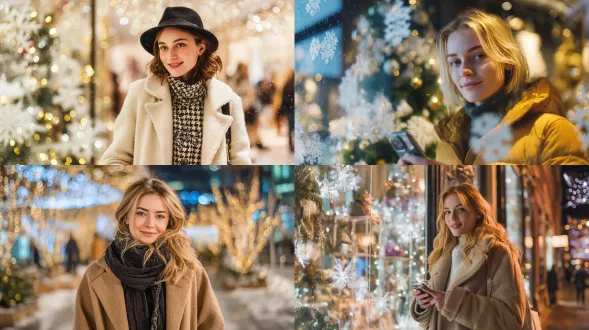2025年现代服饰女孩站在圣诞氛围城市，舒适明亮室内，时尚摄影，高细节，柔和光线，冬季大衣搭配科技感配饰，自信微笑，暖色调，浅景深，35mm镜头，自然光与人造光混合，圣诞树彩灯，雪花装饰，温馨快乐，都市摩登感