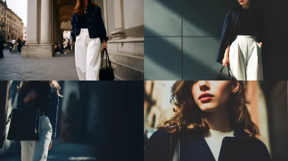 上方主要部分，中等特写镜头，展现一位迷人的高加索女子走在街道上。年龄25岁。该女子有着温和且迷人的面部容貌。她身着白色阔腿裤和海军蓝色夹克，背着一个黑色单肩包。画面聚焦于阴影的呈现，风格类似雅克姆。这组时尚摄影采用柔和光线与简约构图，类似《vogue》杂志封面的编辑风格照片。