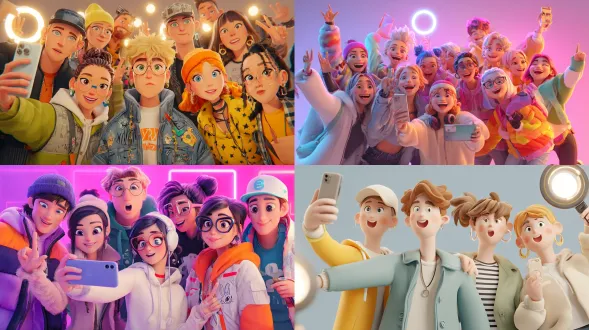 一群年轻时尚的博主一起庆祝，表情欢快，一个拿着智能手机拍摄，一个拿着戒指灯，一个拿着第一名奖杯，多元的朋友群，充满活力的氛围，现代潮流的服装，卡通风格，皮克斯风格的3d人物，明亮的彩色灯光，高细节，柔和的电影卡通渲染，全身集体照