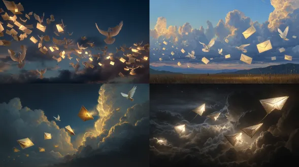 超现实主义的人物向夜空中释放发光的信封，每个信封都变成了一只飞行中的白鸽，云被柔和的金色照亮，情感柔和的灯光