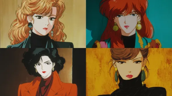 日本动漫，80年代动漫剧照，美丽的模特，她的表情是高傲的，比较狭窄，犀利，眼神严厉，姿势很好，高级时尚，优雅，戴耳环，时尚的衣服，全身，全身，从头到脚的镜头，复古时尚，时尚的色彩，由北条和川本敏博