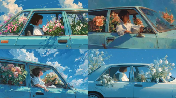 这是一幅pop插画，拍摄于车窗外，一个身穿白色衣服的短发女孩坐在浅蓝色轿车的车窗里。车内，鲜花盛开，阳光明媚，两侧晴空万里，激起了观众的热情。微妙的笔触和场景的质感唤起了一种温暖的感觉