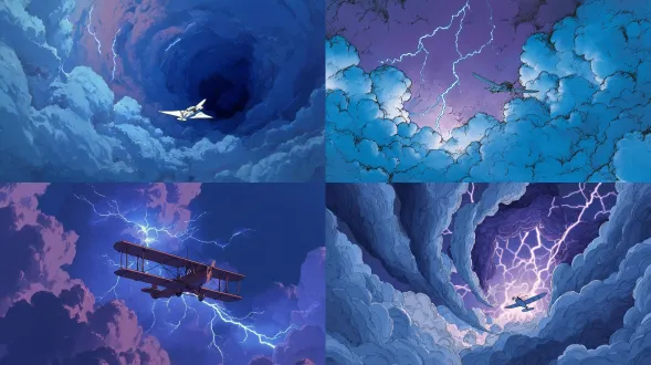 电影场景，莫比斯漫画风格，内部强大的雷雨云。一架精致、轻巧的飞机，有着优雅的机翼，在湍流、漩涡的云层中航行。这个场景是由戏剧性的闪电从内部照亮的，在云层的深蓝色和紫色与闪电的明亮的蓝色和白色之间形成了鲜明的对比。干净的线条，电影般的，动感和比例感