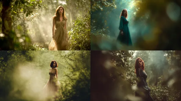 梦幻般的女性肖像，站在郁郁葱葱的森林中央，身穿飘逸长裙，柔和阳光透过树叶形成斑驳光斑，薄雾缭绕地面，背景虚化带有朦胧光晕，神秘而宁静的表情，浅景深，柔焦效果，自然光与逆光结合，暖绿色调，空灵氛围，仙气飘飘。