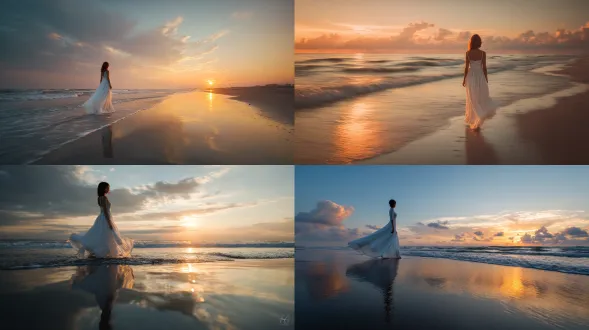 宁静身影穿白色连衣裙，海滩日落，金色阳光反射水面，柔软云朵，轻拍海岸海浪，飘逸裙摆，温暖笑容，侧光摄影，广角镜头，柔和色调，慢速快门，自然光晕，低角度，宁静祥和，温暖情感，长影效果，高动态范围，唯美风格，微风拂过，浪漫氛围