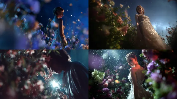 神秘女人穿着精致礼服站在花丛中，星光灿烂夜空，柔和月光照亮脸庞，花朵散发魔幻光芒，对角线构图，低角度拍摄，浅景深，柔焦，梦幻色调，星光特效，微光反射，礼服细节精致，优雅微笑，浪漫氛围，夜光花朵，广角镜头，冷色调，月光背光，神秘感，超现实风格。