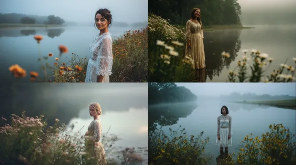 黎明时分，年轻女子穿着复古蕾丝连衣裙站在清澈湖边，倒影清晰，湖面飘着柔和雾气，周围高大野花盛开，温柔微笑，优雅姿势，浅色调，柔焦效果，广角镜头，自然光，逆光，朦胧氛围，宁静，梦幻，复古风格，蕾丝细节，水面反光，野花点缀，清新空气，晨雾弥漫