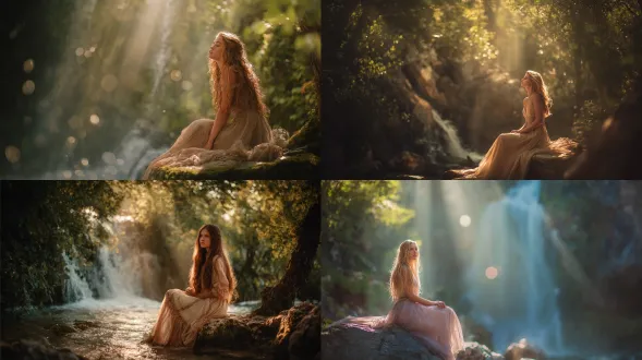 童话般的肖像画，飘逸长发女人坐在瀑布旁岩石上，郁郁葱葱绿色植物，阳光穿透树林神秘光芒，柔焦效果，梦幻色彩，浅景深，50mm镜头，黄金时刻光线，宁静表情，轻盈长裙，自然光斑，童话滤镜，柔和阴影，温暖色调，宁静氛围