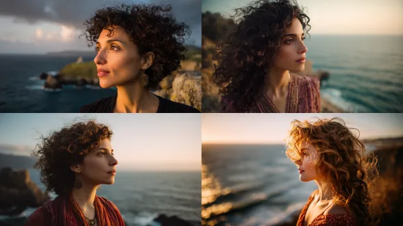 柔软卷发的女人站在悬崖边，凝视远方，海洋在夕阳下闪闪发光，天空柔和多彩，肖像特写，侧光，35mm镜头，浅景深，暖色调，发丝飘动，沉思表情，长裙随风轻扬，自然光，金色光辉，宁静氛围，广阔海景