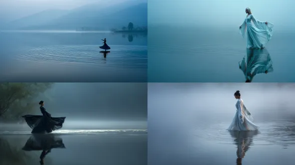 优雅舞者飘逸长袍，薄雾笼罩湖面，倒影与舞姿对称，柔和波浪环绕，暖色柔和灯光，广角镜头，长曝光，低对比度，梦幻氛围，流畅动态，宁静典雅，水面反光，轻盈材质，禅意风格，蓝灰主色调，宁静安详