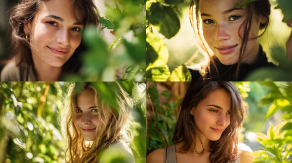 年轻白人女性肖像，温和微笑，休闲装，绿色植物环绕，阳光透过树叶，柔和自然光，浅景深，50mm定焦镜头，暖色调，宁静氛围，侧逆光，发丝光泽，虚化背景，生动绿叶，柔和阴影，自然肤色，放松表情，微风轻拂，清新空气，和谐构图，生命力，平静感。