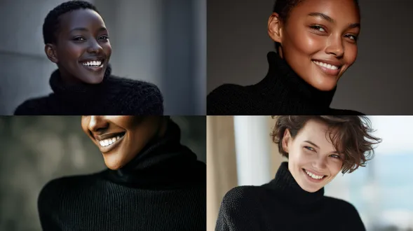 黑色高领毛衣模特微笑特写，柔焦背景，浅景深，自然光影，优雅自信，高级时装摄影，中长焦镜头，冷色调，细腻肤质，动态捕捉，流畅动作，简约构图，突出面部表情，低调奢华，清晰轮廓，柔和阴影，专业布光，时尚感，现代风格