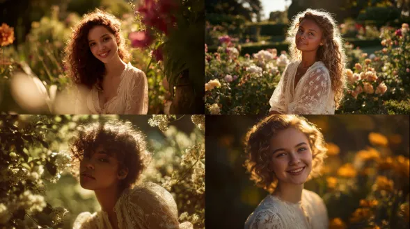 "年轻女子柔软卷发，复古蕾丝连衣裙，阳光斑驳的花园，自然光晕染，温暖色调，柔和阴影，浅景深，85mm定焦镜头，逆光拍摄，花朵环绕，微笑表情，优雅姿态，细腻质感，浪漫氛围，黄金时刻光线，柔焦效果，胶片颗粒感，复古油画风格，明亮高光，自然肤色。"