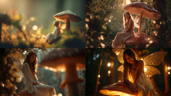半透明翅膀的仙女栖息在发光蘑菇上，神秘森林，柔和光线穿过树林照亮脸庞，梦幻风格，浅色飘逸长裙，柔和微笑，环境光，柔焦镜头，低角度，浅景深，温暖色调，光斑效果，宁静，童话氛围，微距细节，魔法光芒