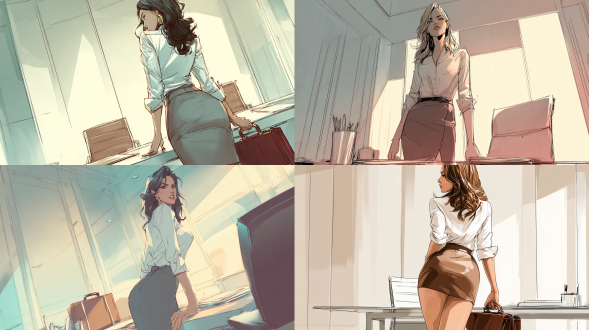 a clean, stylized digital illustration of a confident businesswoman in a modern office environment, drawn in the style of contemporary graphic novels. the woman is seen from behind in a dynamic, assertive pose as she leans slightly forward with one knee resting on a large desk. she wears a crisp white button-up shirt with sleeves rolled to the elbows and a fitted, high-waisted pencil skirt. her long, wavy hair cascades over her shoulders. a sleek leather briefcase and a high-backed office chair are visible nearby. the camera angle is slightly low and from behind, emphasizing her poised stance and professional demeanor without exaggeration. the background features vertical wall panels and minimalist decor, rendered in soft tones with clean shadows and stylized linework, creating a modern corporate atmosphere