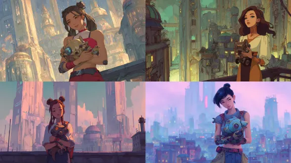 一个女孩站在城市屋顶上，怀里抱着一只机械宠物。背景以未来派城市景观为特色，有高耸的建筑和柔和的灯光。她的表情平静而安详，给场景一种温暖和科技融合的感觉。