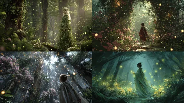 一个精灵女孩穿着藤蔓编织的长袍，穿过一片幽深的魔法森林。小小的发光球体和萤火虫在她周围飞舞。柔和的阳光透过树冠，空气中弥漫着花香和梦幻般的光线，营造出一种空灵的氛围。