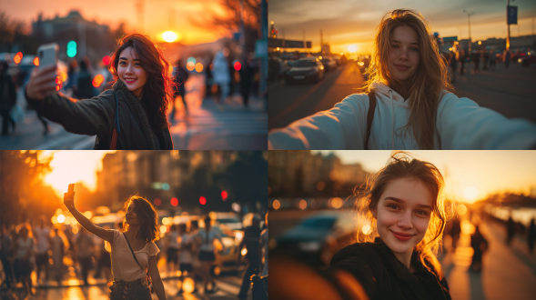"女孩在日落时自拍，黄昏暖光，模糊城市轮廓，放松微笑，行人车辆动态模糊，温暖自由氛围，长焦镜头，浅景深，金色色调，柔焦效果，逆光，自然光，街道场景，生动剪影，柔和阴影，愉悦情绪"