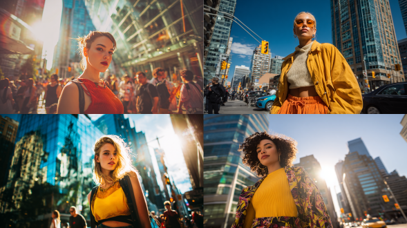 时髦女孩站在繁忙城市街道，现代建筑背景，自然姿势自信目光，阳光透过高楼，活力现代感，广角镜头，浅景深，黄金时段光线，鲜明对比色，时尚穿搭，动态抓拍，城市喧嚣，玻璃幕墙反光，暖色调与冷色调碰撞，人群中突出主体