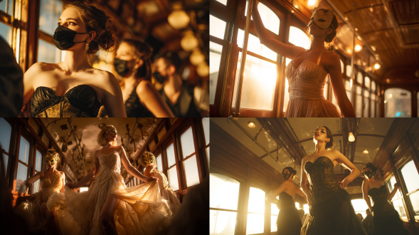 魅力女性歌舞表演风格，复古木制有轨电车车厢，温暖黄金时刻光线，老窗户透光，面具遮面，电影感构图，浅景深，时尚编辑摄影，华丽礼服，优雅姿态，柔光，高对比度，广角镜头，暖色调，怀旧氛围，动态姿势，胶片颗粒感，高光细节，戏剧性阴影，复古色调，电影灯光，时尚大片