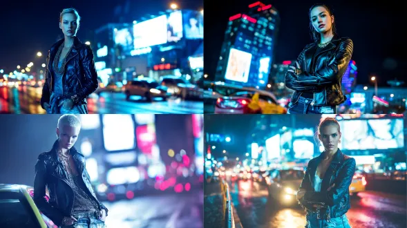 时尚街头模特站在霓虹街道，冷峻目光，优雅姿势，皮夹克搭配破洞牛仔裤，金属饰品，高对比度，城市夜景，霓虹广告牌，车流光影，广角镜头，浅景深，动态模糊，蓝紫色调，侧光，强烈阴影，都市氛围，自信态度，未来感，低角度拍摄，蒸汽波风格