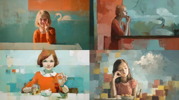 当代具象画，一位年轻女孩坐在桌前，柔和的室内漫射光，细腻的阴影，简约的笔触。温暖的珊瑚色/橘色/朱红色块与青绿色/水绿色/冷蓝色形成对比。女孩做出一个几何形状的俏皮手势，脸旁有开阔的天空和柔云中风格化的白天鹅，质感柔和