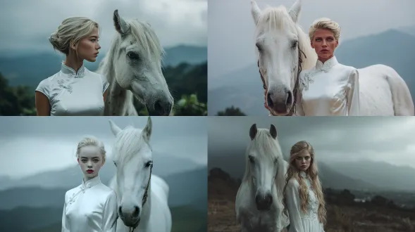 真实照片，一位金发、蓝眼睛的女性站在一匹白马旁边。她穿着光滑的白色缎面旗袍，背景是灰色云朵、朦胧的山脉，柔和的自然光，风吹动的头发，电影感 85mm 镜头，浅景深