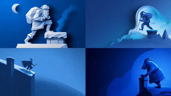 极简剪纸风格的圣诞老人，爬上积雪覆盖的屋顶，准备钻进烟囱中，几何轮廓，高对比度，平面设计感，雪夜背景，冷色调，深蓝色，剪影效果，正面光，动作轻盈，卡通风格，欢乐氛围