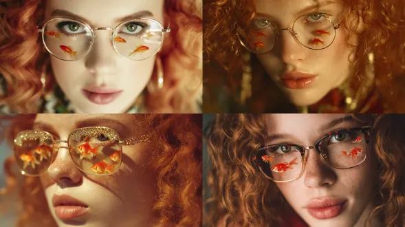逼真的肖像照片，模特般的年轻女性，红色卷发，挺拔鼻子，丰满嘴唇，透明镜片眼镜，镜中小金鱼游动，细致皮肤纹理，柔和自然光，浅景深，特写镜头，柔焦背景，暖色调，优雅气质，神秘微笑，时尚感，高清细节，珠宝级光泽