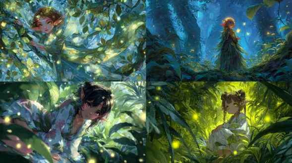 一个精灵女孩穿着天然植物编织的长袍，漂浮在充满活力、梦幻般的森林里。阳光透过树叶，萤火虫在她周围飞舞。她尖尖的耳朵和闪闪发光的眼睛散发着神秘的气息，带着温柔活泼的气氛