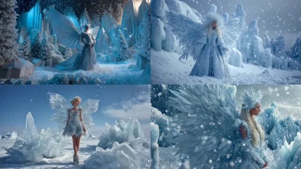 一个穿着水晶雪翼服装的冰精灵，站在白雪覆盖的苔原上，周围是半透明的冰雕和飘落的雪花。她的眼睛像冰晶，整个场景散发出一种寒冷而神秘的梦幻氛围。