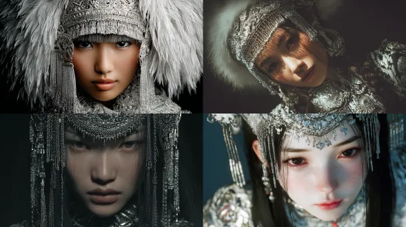 一位留着蓬松长发、佩戴精美抹额和苗族银饰铃铛流苏配饰的热巴，以仰拍视角看向镜头，面部特写线条清晰，明暗对比，细腻肌理，超高清，最高画质，写实逼真，微距镜头，面部阴影，面部聚焦，丰富细节，朦胧感，高级感，垂坠感，精美繁复华丽风格