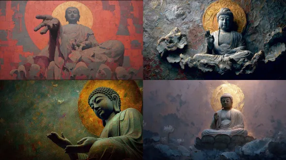 佛陀坐莲台，抽象风格，灰色笔触纹理背景，金色光环头部，宁静表情，温暖色彩，低角度拍摄，柔光漫射，莲花环绕，小身影伸手特写，高对比度，油画质感，空间深度，暖色调，神秘氛围，细节丰富，象征性构图，神圣感，情感共鸣。