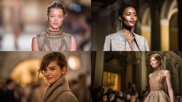 布鲁内洛库奇内利拿铁主题秋冬高级定制时装秀，t台中央，超模身着拿铁色高级定制礼服，佩戴精致珠宝，冷艳高贵，全身展示，奢华氛围，暖金色灯光，柔和阴影，丝绸与珠片细节，优雅步态，迷人微笑，深邃眼神，大师级构图，浅景深，85mm定焦镜头，低调奢华，高级感，柔和中性色调，情感优雅自信。