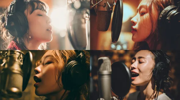 特写一位美丽的中国女孩在专业录音棚中饱含深情地歌唱，戴着耳机，站在大型麦克风前，柔和的光线，背景是模糊的录音设备，她演唱一首日本流行歌曲时双眼微闭，充满激情，电影化视角，舒适的色调，情感氛围，写实风格，超精细，高分辨率