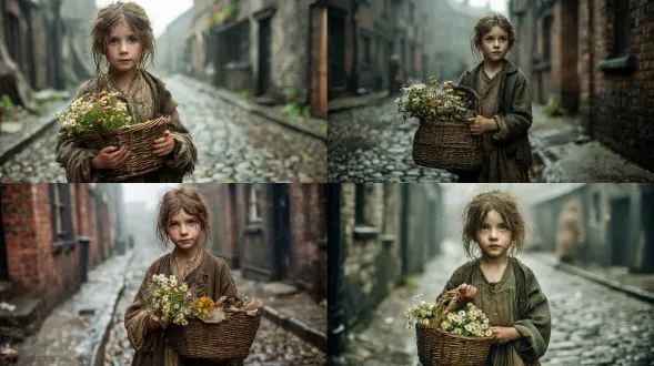一个高度逼真的照片风格垂直场景。一位年轻的花童站在20世纪初伦敦下层街区一条肮脏、多雨的街道上。她有着凌乱、不整洁的棕色头发，穿着破旧、宽松下垂的棕色分层衣物。她的脸庞苍白且略带脏污，但双眼充满活力与好奇。她手持一个装满雏菊和野花等朴素花朵的柳编花篮。她身后的鹅卵石街道略显泥泞，雾气在狭窄的小巷中飘荡。氛围质朴、谦逊且充满潜力。