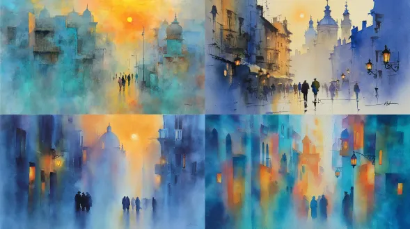 日出时分具有大气水彩风格的城市街道场景，带有柔和重叠的半透明蓝色、黄色和橙色层。轮廓分明的人物走过弥漫着光线和轻柔雾气的狭窄老街。建筑物逐渐融入背景，带有微妙的建筑细节、圆顶、屋顶和悬挂的街灯。构图感觉梦幻且印象派，边缘模糊，渐变流畅，上方有温暖发光的太阳。强调深度、朦胧氛围和和谐的色彩融合。