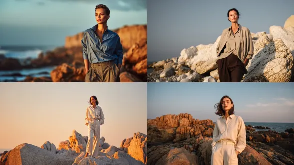 一位极具时尚感的年轻白人女性模特于柔和日落时分伫立在光滑的海岸岩石上，其身后是暖色调石块构成的柔和背景。无戏剧性悬崖，仅有纹理细腻的岩石与柔和自然光。他身着超大号长裤及一件纽扣式衬衫，采用现代且具结构感的面料，风格时尚、简约，剪裁完美。姿态自信放松，微风轻拂衬衫，温暖的金色光线凸显其脸部与轮廓。皮肤与织物纹理超逼真，构图简洁，呈现高级时尚编辑美学，氛围宁静优雅。