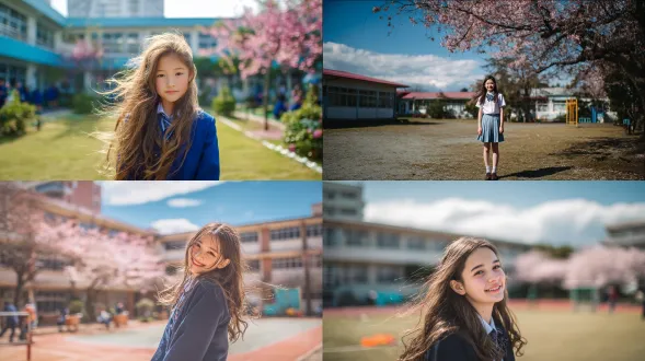 穿着校服的女孩站在学校操场，长发微风中飘扬，背景是学校建筑和盛开的樱花树，阳光照耀，青春活力天真，高饱和度色彩，浅景深，长焦镜头，顺光，柔和光影，微笑表情，蓝色校服，粉色樱花，绿草地，蓝天白云，自然光，温暖氛围。