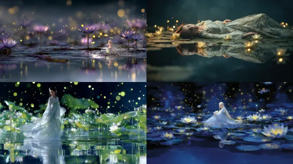 仙女漂浮在宁静湖面，透明银色长袍随风轻扬，微笑安详，精致莲花与萤火虫环绕，湖面如镜反射星光，梦幻宁静水彩风格，柔光，浅景深，冷色调，对称构图，长曝光，微距细节，发光效果，空灵，优雅