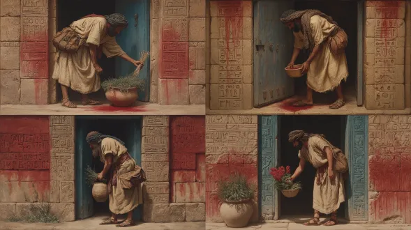 这是一幅写实风格的油画，描绘了《出埃及记》中的一个场景。画面中，一位古以色列男子站在家门口，膝盖微屈，身体前倾。他右手拿着一束牛膝草，蘸了蘸盛有羊水的碗，小心翼翼地将液体涂在门框的顶部和两侧。他身着一件粗麻布长袍，布料厚实且富有质感，呈浅土黄色，略带一丝灰色。腰间系着一条深棕色皮带，左肩斜挎着一个小小的皮袋。脚上穿着用小牛皮制成的凉鞋，凉鞋用皮绳系着，露出了小腿，他的皮肤呈现出健康的古铜色。头上裹着一块深色的布，略显凌乱的头发沐浴在温暖的火光或夕阳的余晖中。他面前是一扇深蓝色灰色的木门。石砌的门框上雕刻着古老的符号和图案，带有埃及建筑的特色。门框的顶部和侧面有鲜明的红颜色痕迹，与周围赭石色的墙壁形成了强烈的对比。门旁的墙上可以看到模糊的象形文字雕刻，巧妙地暗示了当时的历史背景。整幅画的光影处理极具戏剧性——右上角射来的夕阳或火光的暖金色和橙色光线，照亮了门框和男子的背部，在墙上投下长长的斜影。空气中似乎弥漫着尘土和热气，远处隐约有烟或火光的气息，增添了一种紧张而肃穆的氛围。画作的色彩以赭石色、棕黄色和微红土色调为主，辅以深蓝色和灰绿色作为点缀。总体而言，这幅油画具有典型油画所特有的沉重、肃穆且富有象征意义的宗教感，笔触大胆而精准，光影交织。色调比一般的深色戏剧场景更为明快清晰，在避免过度昏暗的同时，保留了“逾越节之夜”仪式的神圣感和信仰的庄严。