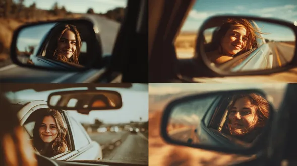 一张具有电影质感、类似社交媒体风格的照片，呈现一辆汽车的后视镜反射出坐在副驾驶座的年轻女子。她面带微笑，状态放松，头微微探出敞开的车窗，风拂过她的发丝。场景营造出无忧无虑的公路旅行氛围。有自然阳光，色调温暖，景深柔和，背景道路有轻微运动模糊，后视镜反射真实，用iphone拍摄。具现代旅行美学，洋溢 candid 且欢乐的 vibe，分辨率高，照片写实。