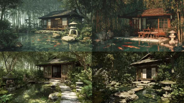 一座宁静的日本茶馆，坐落在一个宁静的花园中，周围环绕着锦鲤池、竹子和精致的石灯笼，投下柔和的阴影