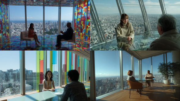 桑格里拉坐在东京一座现代化的高清建筑里。她正在接受一位著名记者的采访。这座建筑有彩色的环绕玻璃，背景中东京一望无际地延伸着。她坐在一张玻璃桌旁，坐在椅子上，在他对面，你可以直接看到她方形的脸，她正在说话。