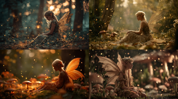 金色长发精灵少女坐在魔法森林地面，巨大透明翅膀展开，柔和微笑，身着树叶与花瓣编织的连衣裙，森林充满发光蘑菇与萤火虫，梦幻氛围，柔焦效果，逆光，浅景深，暖色调与冷色光交织，唯美，空灵，神秘，魔法粒子漂浮，写实与幻想结合