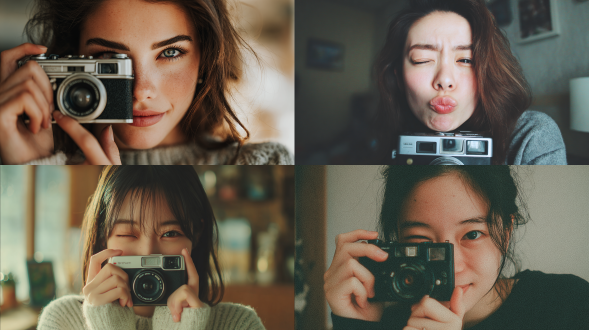 a realistic, casual smartphone-style photo of a japanese woman in her mid-20s, holding an instant camera up to her face, one eye closed as she looks through the viewfinder towards the viewer. half of her face is naturally hidden behind the camera. neutral mouth expression (no pouting). soft, natural indoor lighting, everyday casual fashion, candid atmosphere, slight background blur, realistic skin textures, authentic color tones, spontaneously captured moment, casual and genuine snapshot feel, captured with smartphone camera